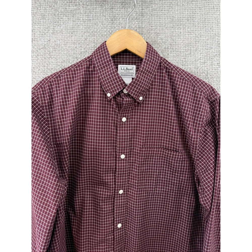 LL Bean Mens Med Cotton Traditional Fit Burgundy Check Button Down‎ Shirt